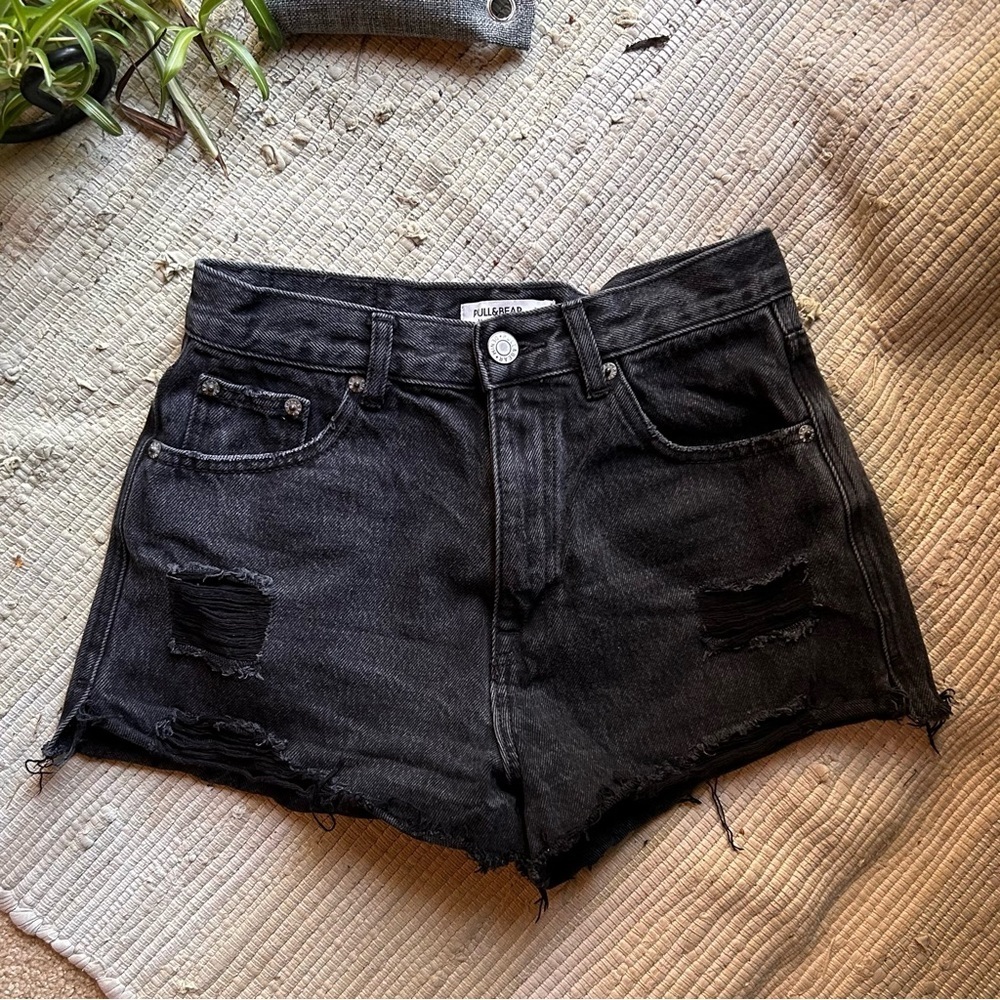 PULL & BEAR Black Distressed Frayed Denim Shorts